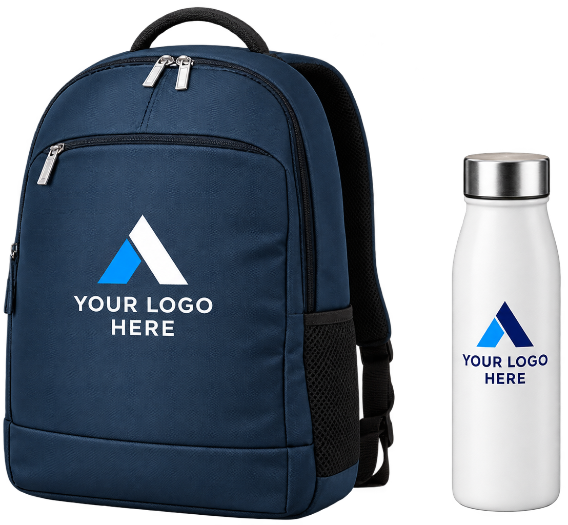 Backpack and promotional bottle